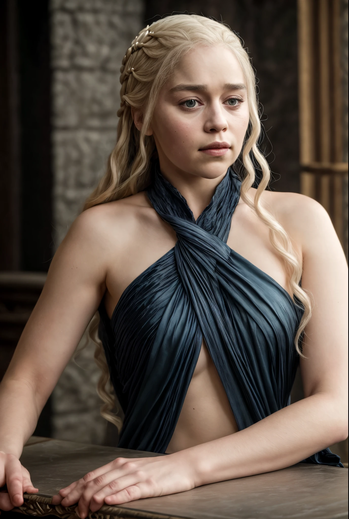 masterpiece, stunning portrait photo of khls woman, sleeveless, erotic costumes, sensual satin dress, game of thrones inspired costumes, 
  