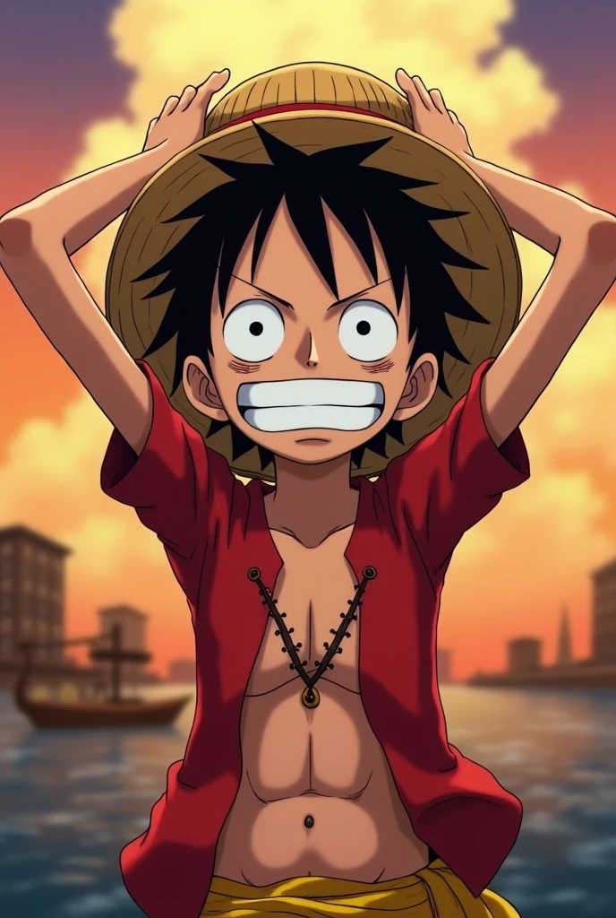 Luffy from One Piece shocked and with his hands on his head