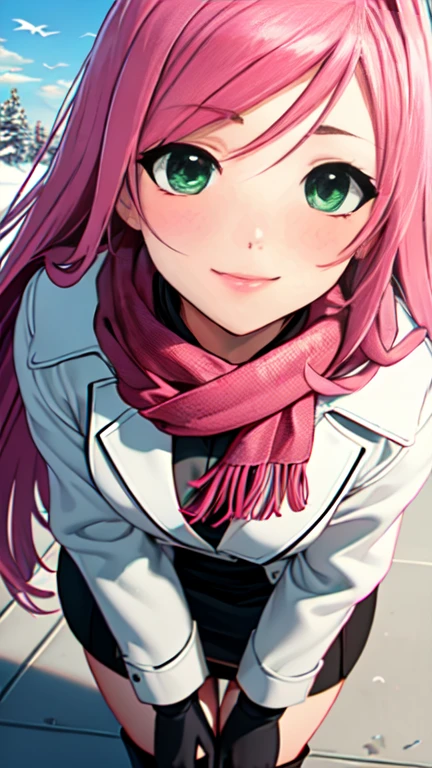 Masterpiece, raw,  beautiful art, professional artist, 8k, art style by sciamano240, very detailed face, very detailed hair, 1 woman, perfectly drawn body, beautiful face, long hair, pink hair , very detailed green eyes , rosey cheeks, intricate details in eyes, playful smile, looking directly at viewer , in love with viewer expression, lipstick, wearing cute winter clothes, white winter coat, gloves, sweater, scarf,  short black pencil skirt, thigh boots, sunny winter day, walking, pov with viewer, very close up on face, 