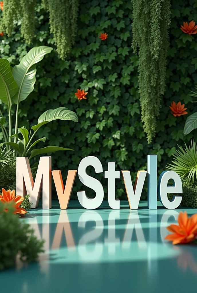 Spell out the MyStyle plant with Apple device boxes, The background has to be a green wall of artificial plants, in the environment uses green colors, orange and blue