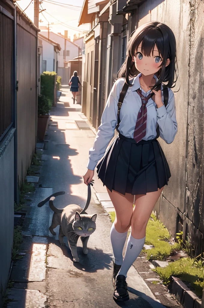 one girl in school uniform picking up a grey cat from the ground, alleyway, sunset