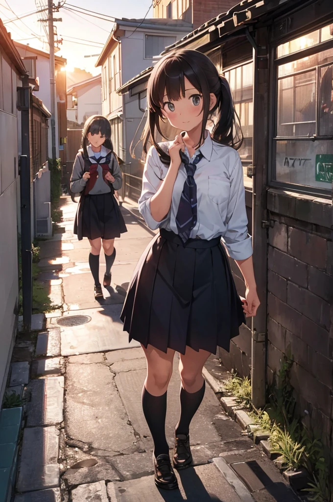 one girl in school uniform picking up a grey cat from the ground, alleyway, sunset