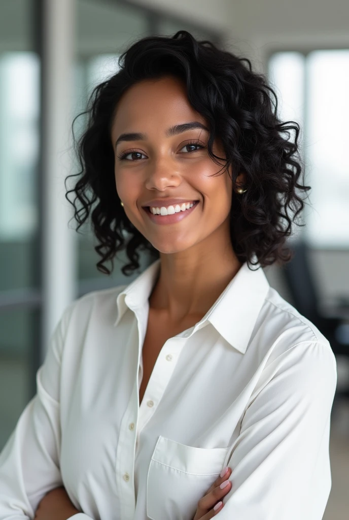 Please create a LinkedIn photo of a young woman with mixed skin, black hair and white shirt. And in the background a white office, young and professional.
