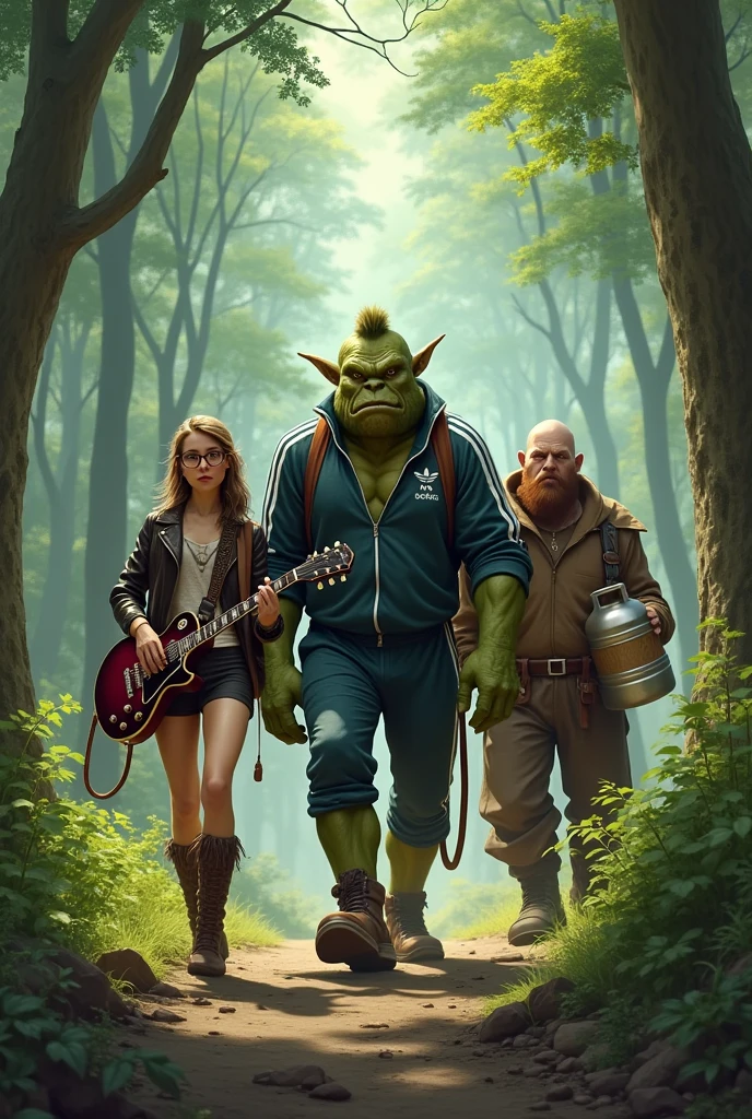 elf in a leather jacket with long hair, glasses and an electric guitar. blunt, fat goblin in adidas and a cap , who looks like a thug.  healthy, a pumped up dwarf in a coat with a hammer walks through the forest 