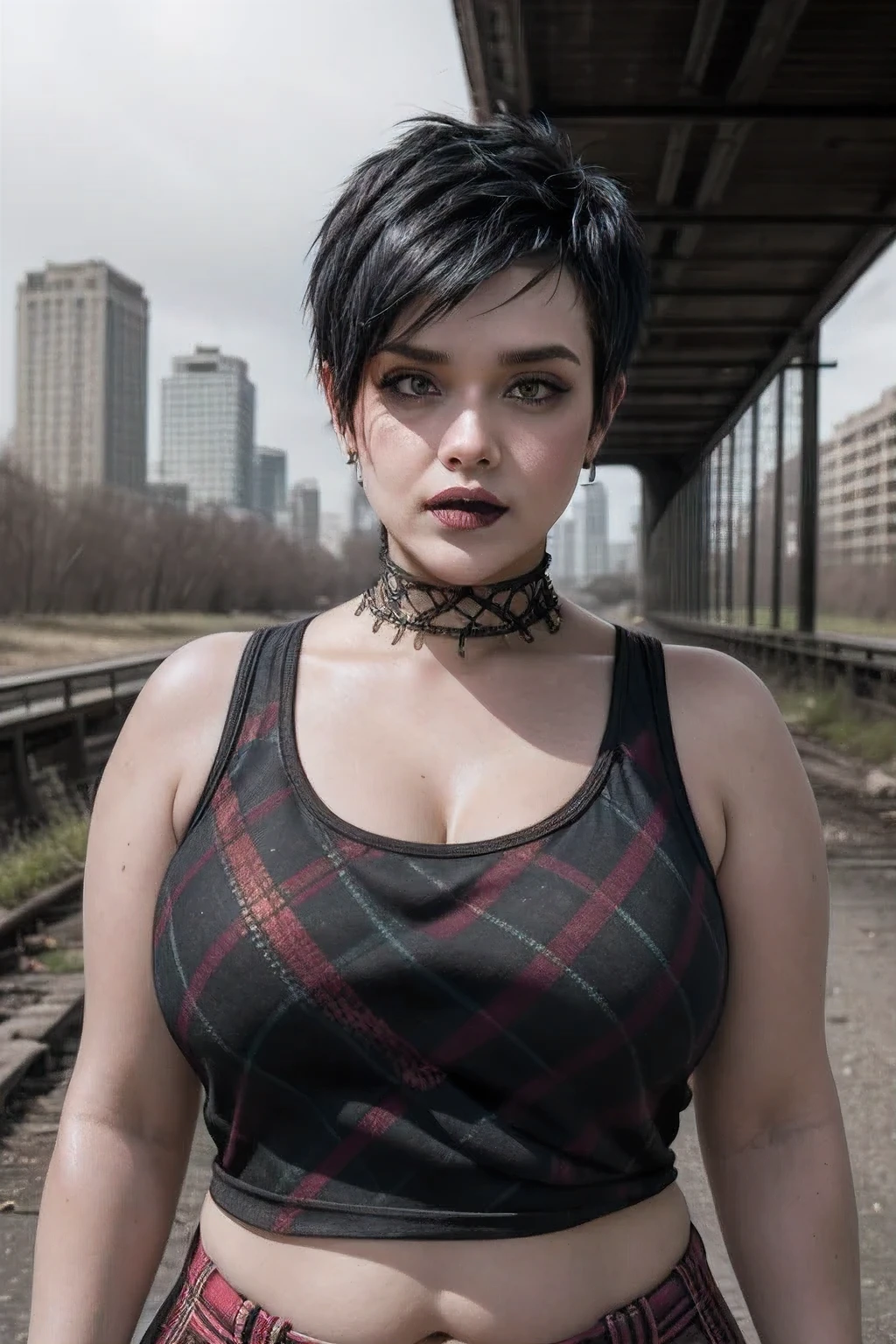 (((PUNK HAIRCUT))), A girl with a very fat bbw body naked in the middle of a dilapidated bridge, ((NECK LACE)), ((GOTH GIRL BLACK LIPS)). ((Red Plaid Croptank))