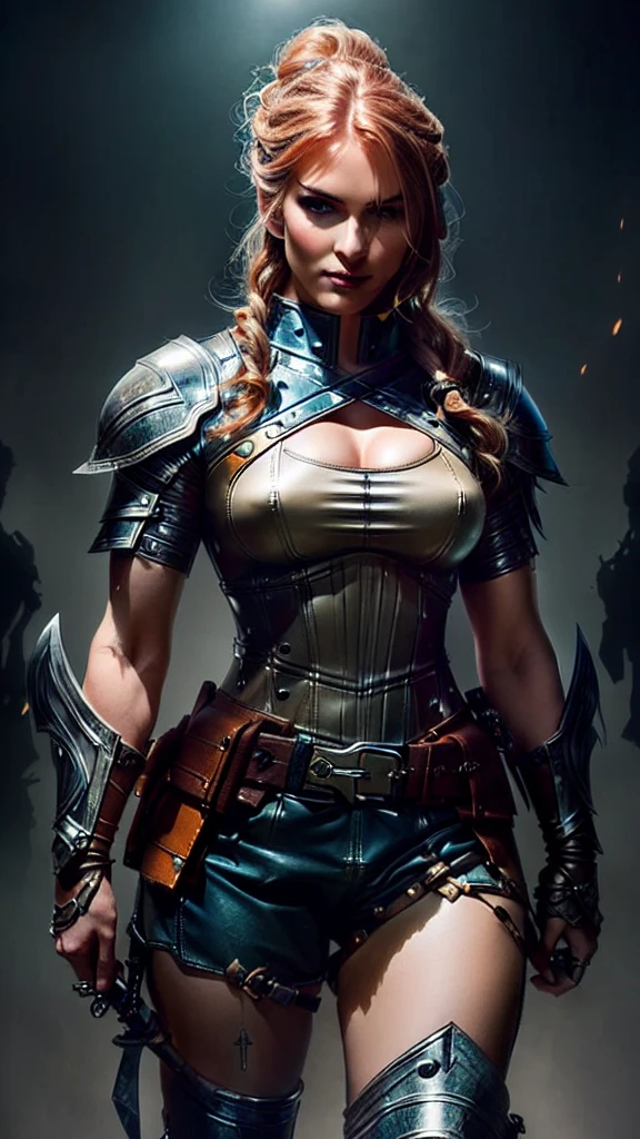 Woman in armor with sword and sword in hand, Amazing character art, Julie Bell Бипл, Julie Bell, beautiful outcast woman, epic Fantasy Characters, epic exquisite character art, girl in armor, Very stylish fantasy armor., beautiful female knight, wearing assassin's leather armor, amazing armor, Fantasy Characters, outcast woman, video game character art