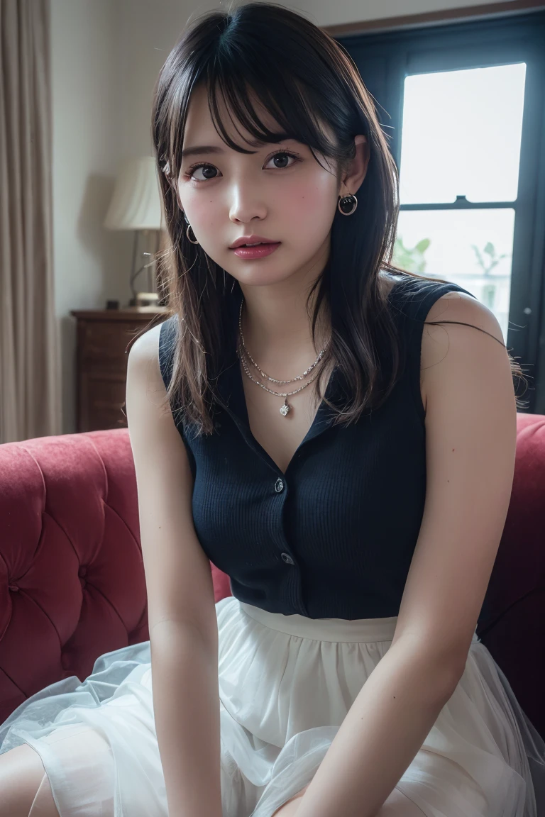 (Highest quality:1.4),(masterpiece:1.4),(Realistic:1.4),(Realistic:1.2),(超High resolution, RAW Photos:1.4),(High resolution, Ultra-detailed:1.2),(8k:1.2),View your viewers,Cinematic photography,One girl,skeletally correct,Black-haired woman,Woman in her early 20s,(Small earrings,necklace,Tulle ruffle sleeveless,Long skirt),(Western-style building interior,Dimly lit room,The lamplight shines on my cheeks,Sit on the sofa)
