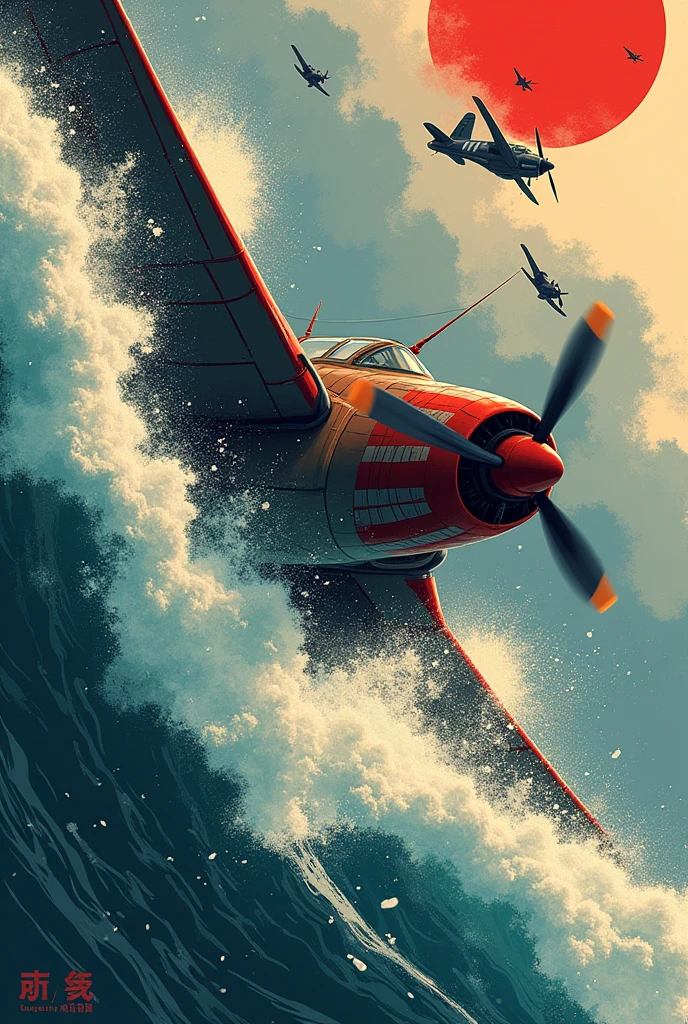 Generates a frame of a screaming kamikaze pilot. It uses Japanese art as a base. Generate a background that simulates waves and airplanes in the air