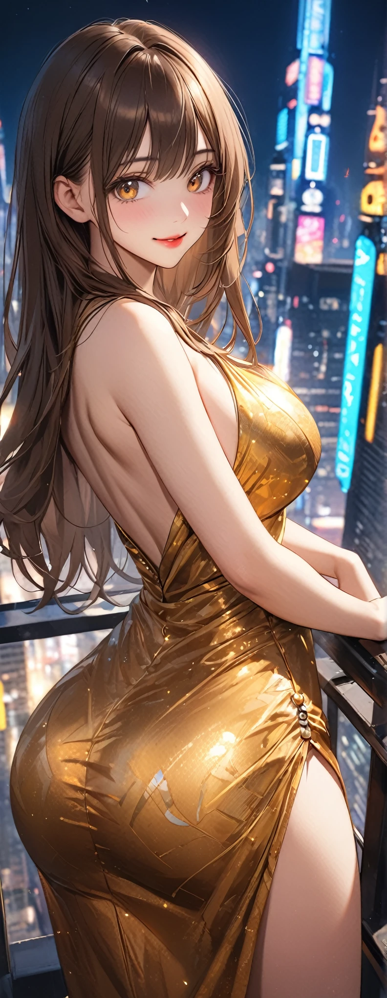 Straight Hair、Brown Hair,((Highly detailed golden sexy dress)), Looks about ************, (beautiful girl: 1.3),1girl,Highest quality,8k,Highly detailed CG unit wallpaper,masterpiece:1.2,Highest quality,Ultra-high resolution,RAW Photos,Realistic textured skin,Cinema Lighting,happy,Big eyes,Detailed eyes,Glossy lipstick,Perfect Makeup,Ultra-high definition beauty face,Huge building,Metropolis,voluptuous,(Big, round and beautifully shaped butt),(Standing on the rooftop of a skyscraper in Cyber City),(Panoramic View),night,Detailed neon lights,(Are standing_Split),