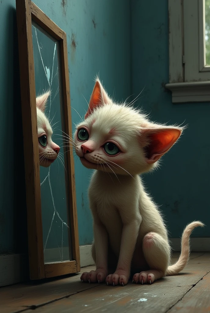 The kitten was so ugly that when he got home he couldn't even look at himself in the mirror.,at school they made fun of him