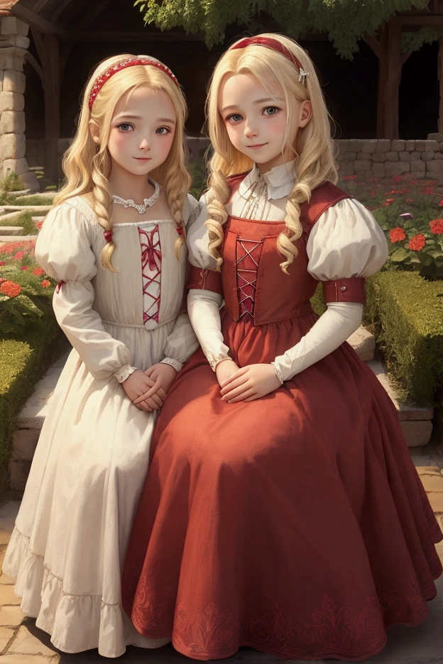 Young girl, ************, looking at the camera with a slight smile. He hair is blond, short to her shoulders and she is wearing a red and white dress from medieval times. The background is a beautiful garden at sunset with the sun setting. Setting: Medieval era [Drawing style: Final Fantasy]