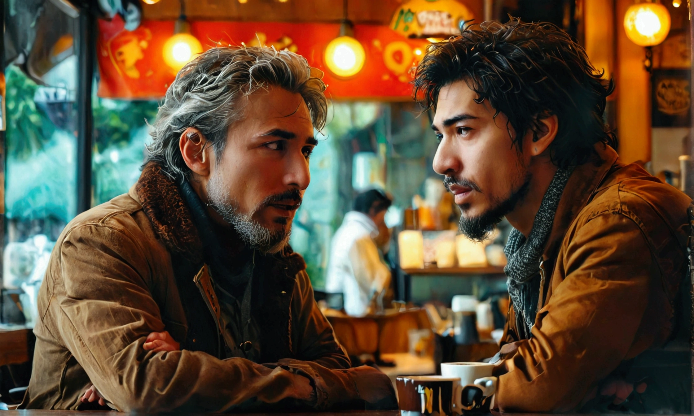 TWO MEN TALKING IN A COFFEE SHOP,arte estilo mangá,arte estilo mangá,arte estilo mangá,arte estilo mangá