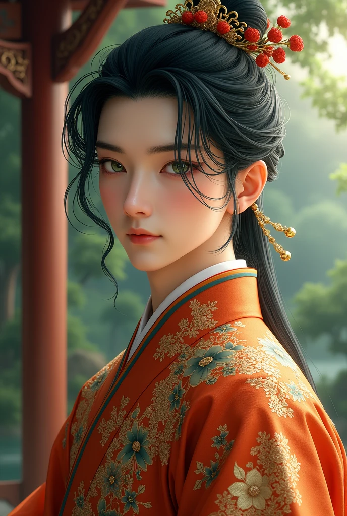 (absurdres, highres, ultra detailed, HDR), masterpiece, intricate, best quality, a male character, a handsome boy, black hair green eyes, wearing a gorgeous and elaborate hanfu