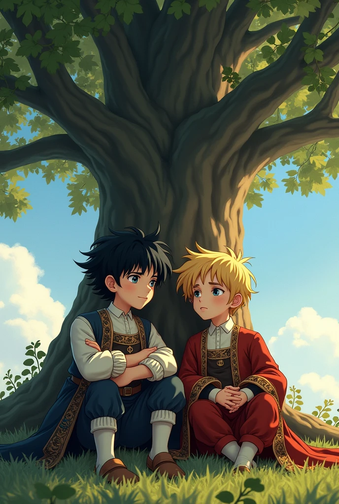 To two thin boys, 14 years old and both white-skinned, one with jet black hair and the other with messy blonde hair, both with medieval but formal clothing at the same time, sitting under a big tree (drawing style similar to Owen Dennis&#39; Infinity Train series)
