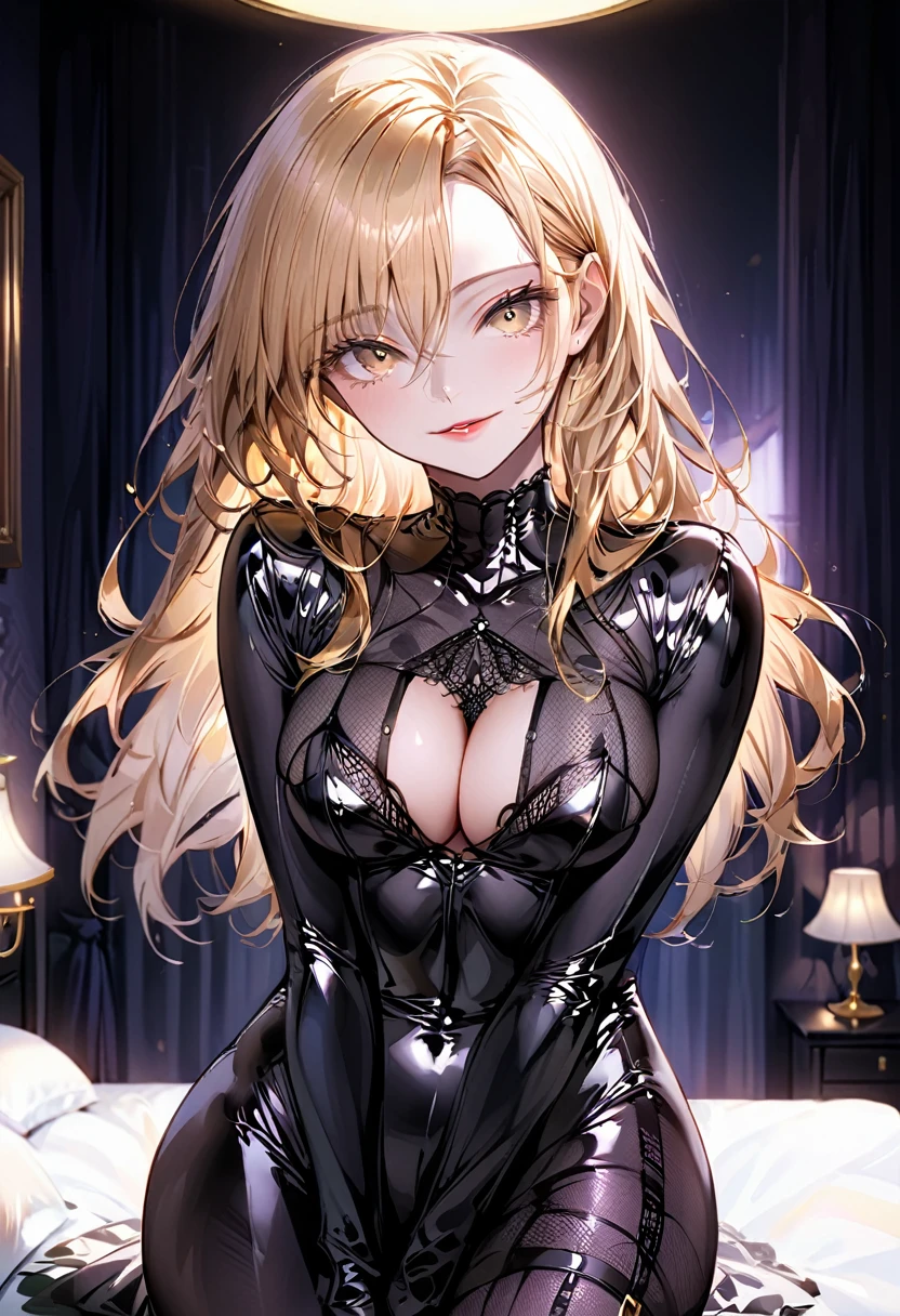ung beautiful woman,(Highest quality,Extremely detailed depiction,Incredibly absurd high resolution,Anatomically accurate depiction,Curvy Legs,Vertically drawn pupils),((Body net stockings:1.5)),Glossy black latex:1.3,Mouth slightly open:1.2,A captivating smile,(Golden Hair, Straight long hair),Cowboy Shot:1.1,Shiny Hair,Beautiful Skin,Detailed face and eyes,Glossy Lips,Curvy Women,((There is cleavage in the chest,Beautiful and firm bust line)),Bedroom:1.2,night, Light and shadow with attention to detail,Background Blur