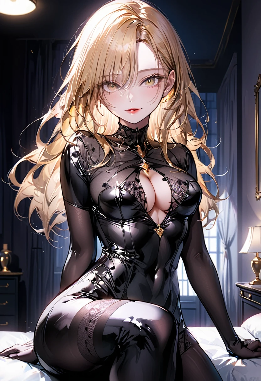 ung beautiful woman,(Highest quality,Extremely detailed depiction,Incredibly absurd high resolution,Anatomically accurate depiction,Curvy Legs,Vertically drawn pupils),((Body net stockings:1.5)),Glossy black latex:1.3,Mouth slightly open:1.2,A captivating smile,(Golden Hair, Straight long hair),Cowboy Shot:1.1,Shiny Hair,Beautiful Skin,Detailed face and eyes,Glossy Lips,Curvy Women,((There is cleavage in the chest,Beautiful and firm bust line)),Bedroom:1.2,night, Light and shadow with attention to detail,Background Blur