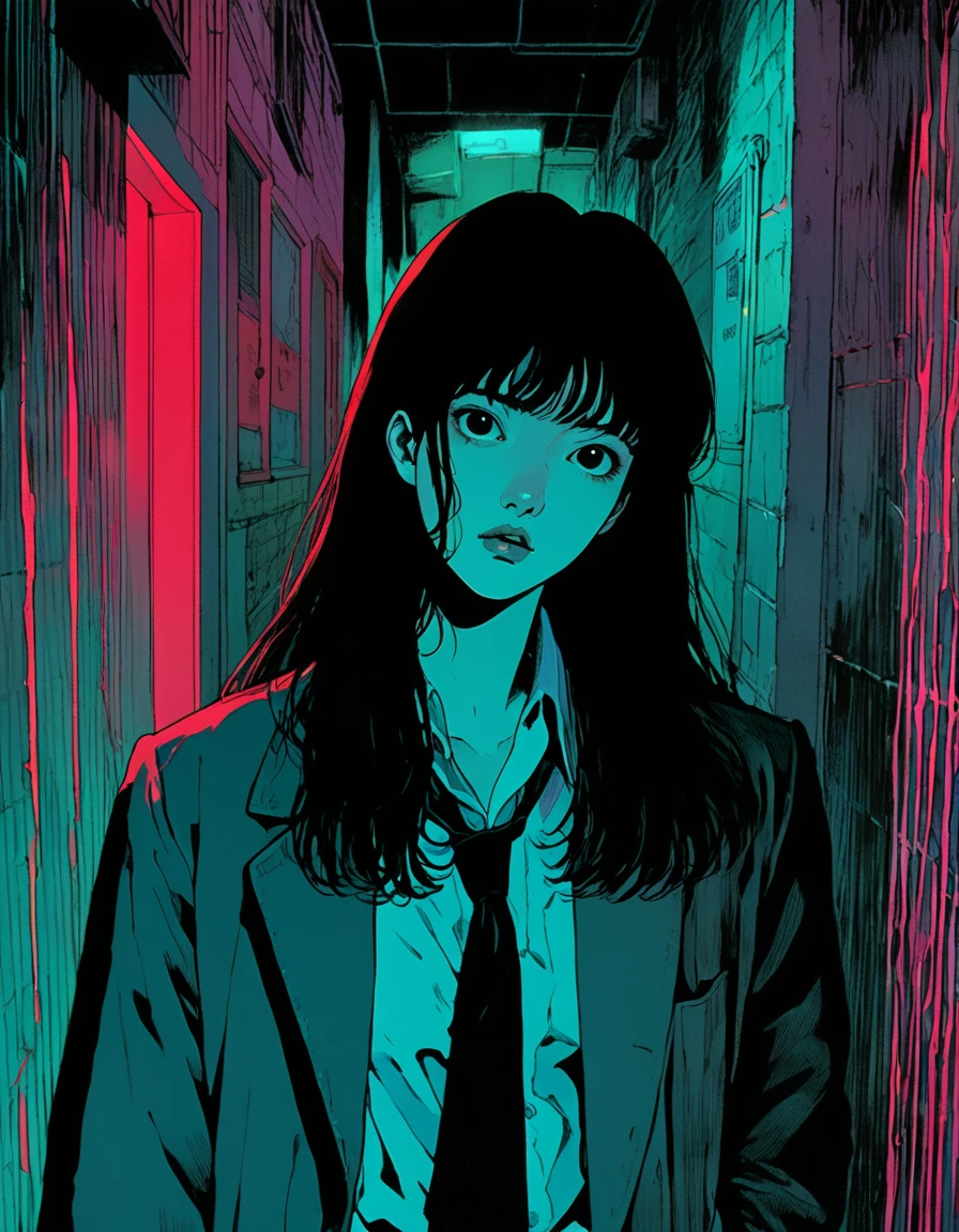 illust、art、from 80s horror movie, directed by Junji Ito、darkness、Young Man investigator, Alley、nightmare、anxiety、high detail, realsitic shadow、Analog style, vhs style, 8mm film, chromatic aberration, Dvd screengrab、Surrealism
