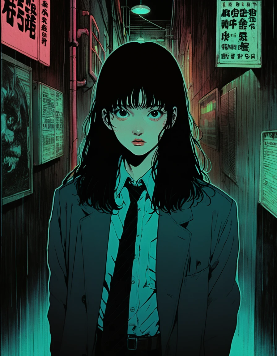 illust、art、from 80s horror movie, directed by Junji Ito、darkness、Young Man investigator, Alley、nightmare、anxiety、high detail, realsitic shadow、Analog style, vhs style, 8mm film, chromatic aberration, Dvd screengrab、Surrealism