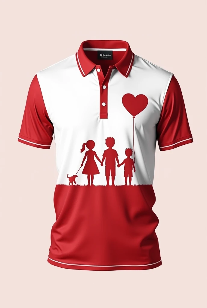 Red and white sports polo shirt with a heart logo and 3 silhouettes of children holding hands inside., the design is elegant but without a long neck, but rather V-neck