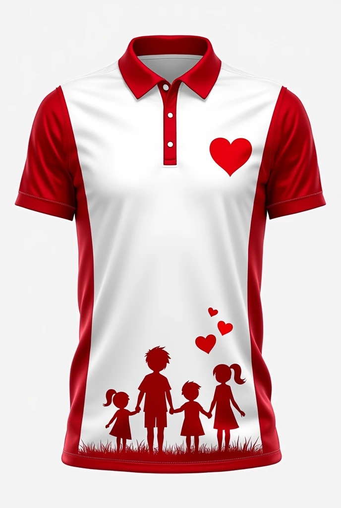 Red and white sports polo shirt with a heart logo and 3 silhouettes of children holding hands inside., the design is elegant but without a long neck, but rather V-neck
