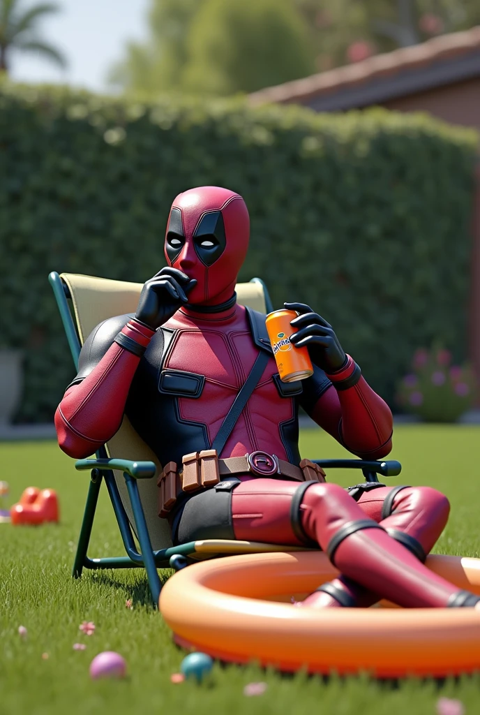 Deadpool drinking Fanta next  pool realistic 
