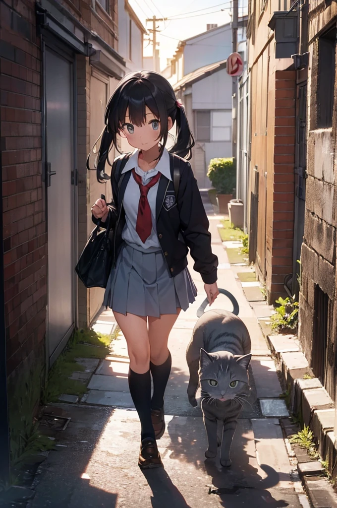 one girl in school uniform picking up a grey cat from the ground, alleyway, sunset