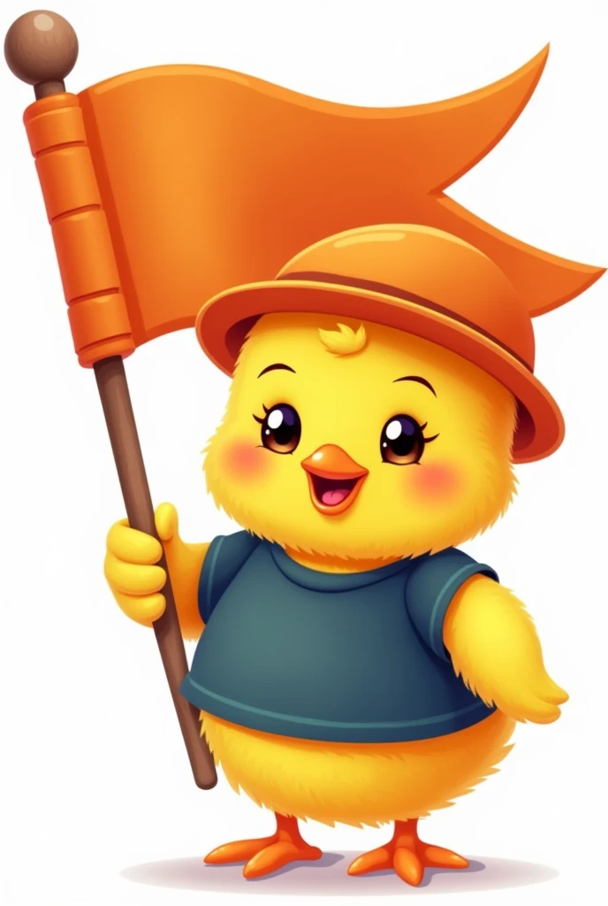 Cute yellow chick with a big flag,  with dark blue t-shirt and orange hat in png format
