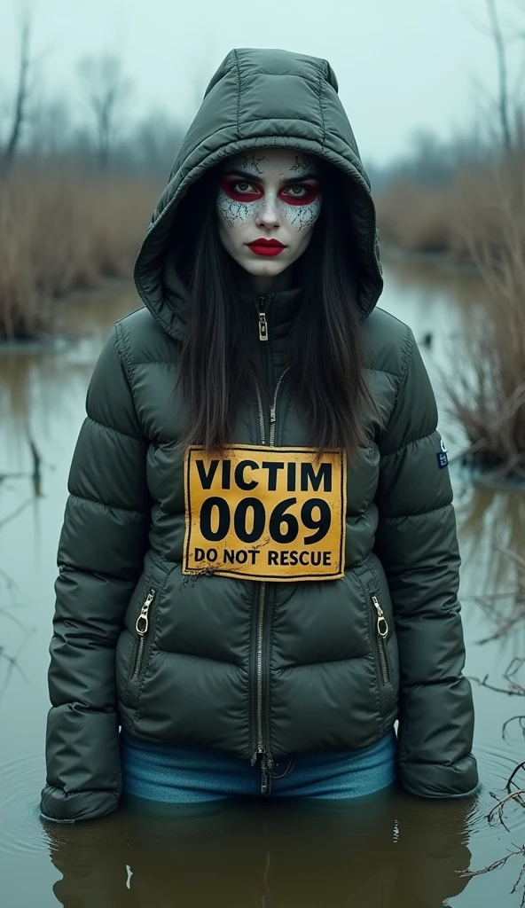 woman, lightweight down jacket, bib "VICTIM 0069 DO NOT RESCUE", flared jeans, stuck in bog,pale ethnic patterns ritual makeup, warm hat, collar only, cold, red lips