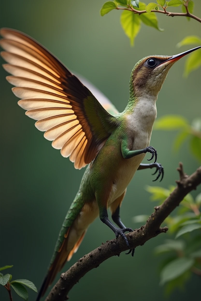 mix of a hummingbird with a velociraptor dinosaur