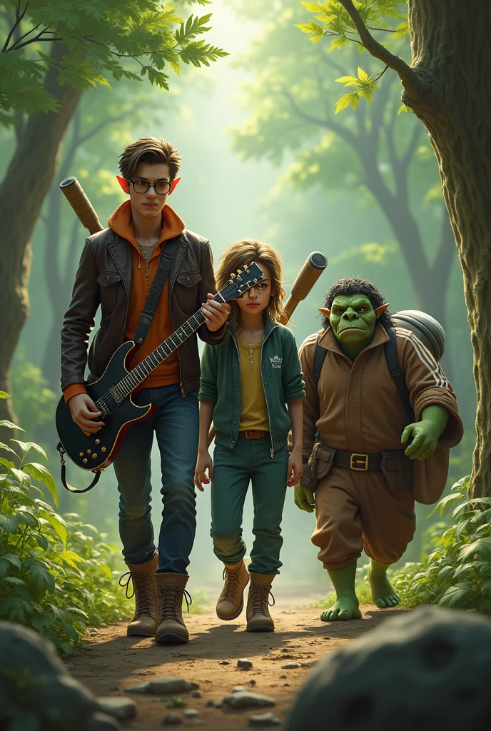 Handsome Elf Guy with Glasses, Leather jacket, in boots and with an electric guitar in his hands, together with a huge, green, stupid, a troll in an adidas tracksuit and a club in his hand, together with a fat and strong dwarf in a cloak and with a keg of beer they go through the forest to meet adventures
