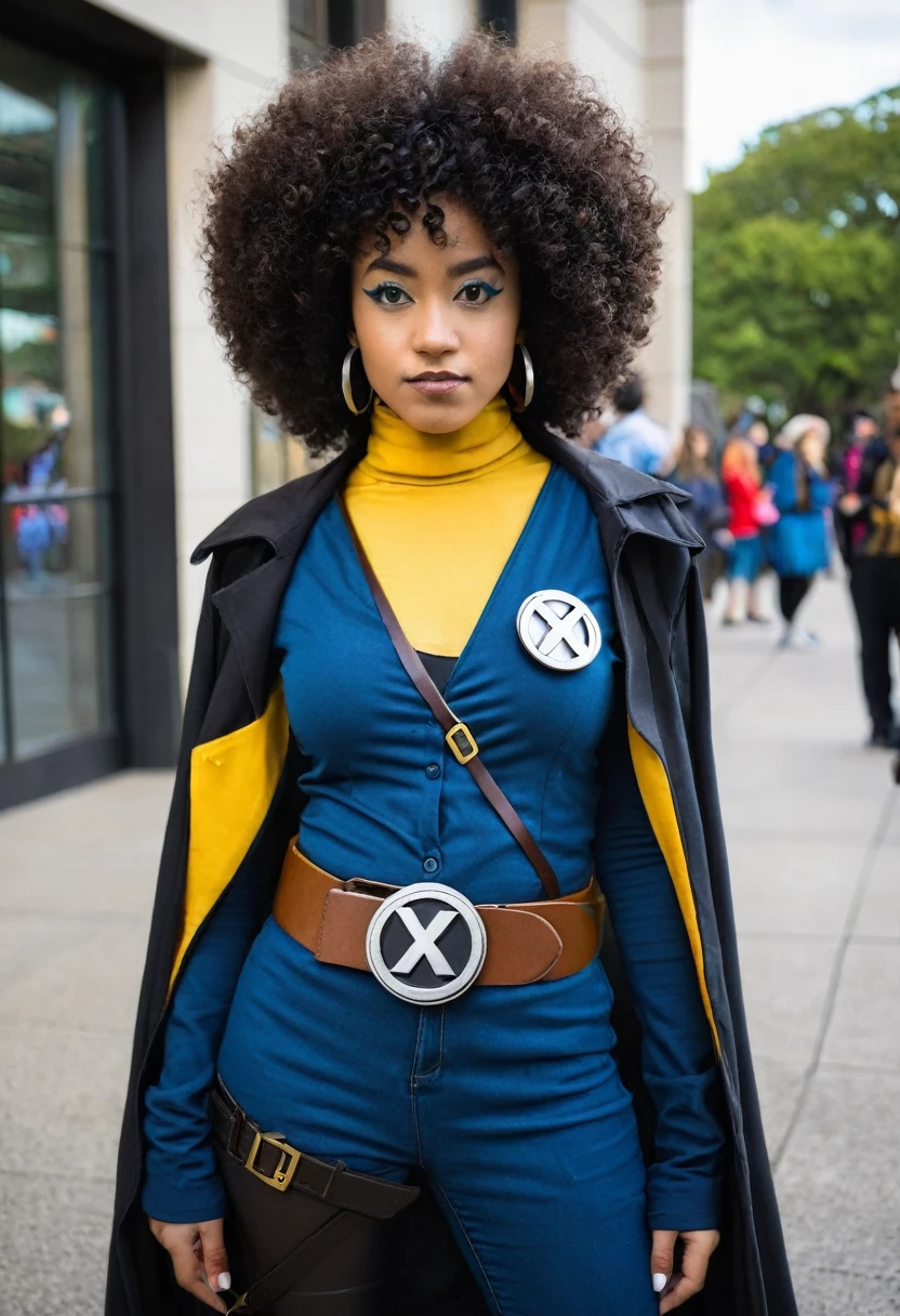 Black woman with afro curly hair. She is cosplaying as X-men. She wears a brooch with the letter x inside a circle. His belt buckle also has a letter X inside a circle.