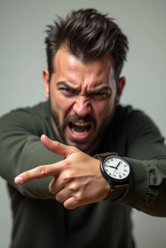 Someone pointing at his wrist with watch angry only the wrist  