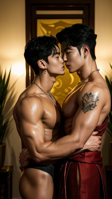 ( safe for work),Two handsome boys kissing, smiling at each other,hugging, kissing, touching lips, cuddle, romantic,skin ship, Chinese Men God, Mythology, realistic, Chinese odyssy, super Handsome,manly, kpop idol, handsome korean actor, 20 years old,, detailed face, manly jawline, detailed mess curly styling hair, Topless, Muscles, big breast Athlete body, Full Frame,full body shoots, realistic, human skin, tattoo breast, Professional studio Lighting, long red tibet wedding Outfit, jade and golden pendent all over , detailed jewery in dress, earings,Chinese ancient wedding Background,out door, super detailed background,look at camera , open mouth, thin Underneathe Underwear, tibet Warrior, Hanfu red wedding dress, tibet Male, tibet Nobel, Seduce , bare chest , tattoo chest, tattoo arms, tattoo hands, tattoo back, tattoo legs , tattoo belly, big juicy butts,