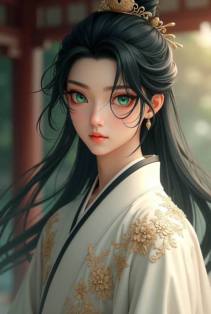 (absurdres, highres, ultra detailed, HDR), masterpiece, intricate, best quality, a male character, a pretty boy, black long hair green eyes, wearing a gorgeous and elaborate white hanfu
