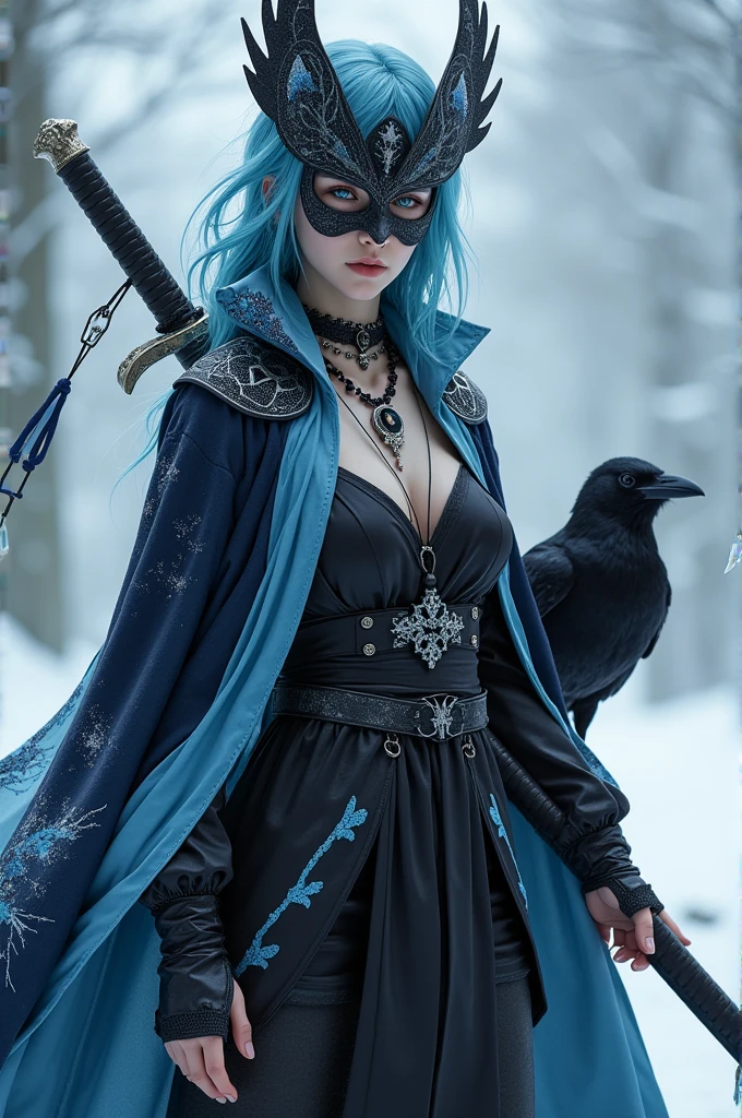 The woman is an elegant and mysterious warrior, with a slender and proportional body, No exaggerations. Her hair is aqua blue with black streaks, which gives it a unique and attractive look. Her eyes are very bright and sky blue., which reflects his confident and self-assured personality, although they cannot be seen completely due to the mask that covers his entire face. The mask is black and white, with intricate designs depicting night and snow, and covers every inch of his face, adding a touch of mystery to your figure. In his neck, has a subtle dragon tattoo, which is not very noticeable at first glance, but which highlights its connection with strength and elegance. She wears a black kimono with a navy blue cape., which gives it a touch of elegance and mystery. The cape has a white border, which highlights your figure. in his right hand, He holds a black katana with navy blue details, which reflects his skill with the sword. His posture is confident and secure., ready to fight at any time. at your side, There is a black crow that accompanies her, which adds a touch of mystery to your figure. In his neck, She wears a necklace with a moon and a snowflake, which symbolizes its connection to ice breathing. His feet are shod in black boots with leather soles., allowing him to move stealthily and quickly. His presence is imposing and mysterious, as if she was ready to face any challenge