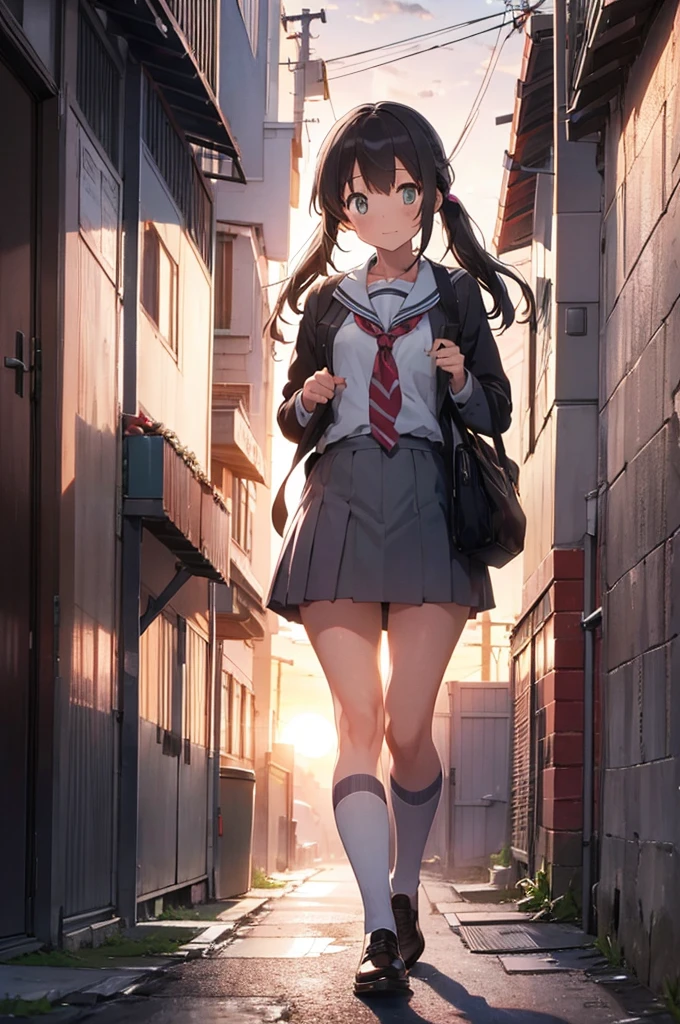 one girl in school uniform picking up a grey cat from the ground, alleyway, sunset, 30mm lens