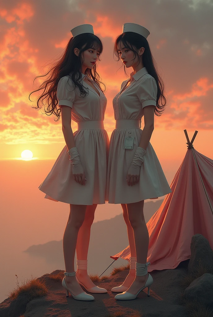 ((original photography:1.2, best quality)), photographic art，Extremely detailed, Ultra-precise depiction, Ultra-fine drawing, (tangled:1.2), (007 movie atmosphere), at sunset，spectacular cloud formations，2 Korean women,Korean Model， Very detailed face， (best quality, Beruca, Gloves), ((complicated nurse uniform:1.3)), Very detailed nurse uniform，lace choker, Gloves, long legs, High heel, damaged nurse uniform，Torn nurse uniform，cleavage，Long legs，The background is the top of the mountain，There is a tent in the background，two women standing together