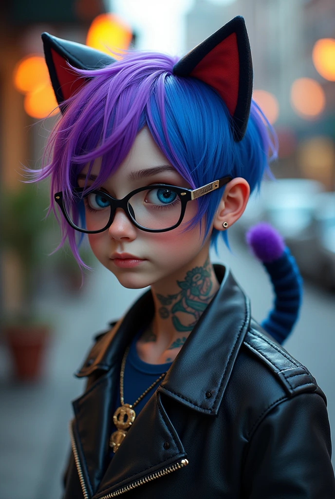 cute guy with purple and blue hair, highlighted hair, short haircut, wearing glasses and a leather jacket, colorful tattoos, Detailed Accessories, ([cat's tail and ears]:1.3), (complex parts), HDR, (complex parts, hyper-detailed:1.2), cinematic shot, vignette, centered