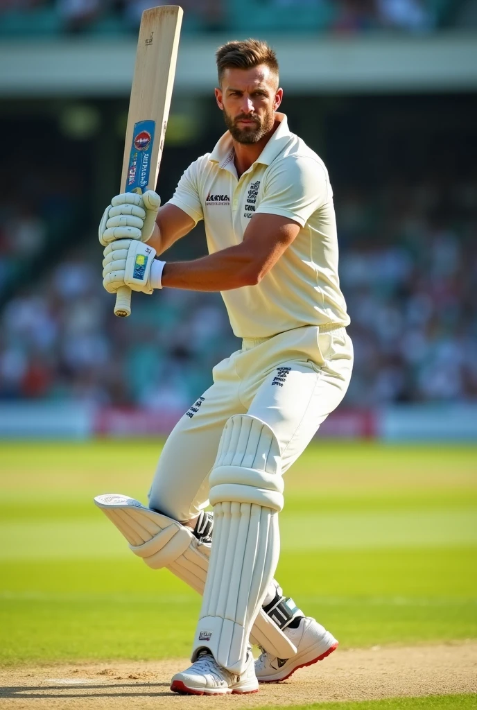 Male, cricketer with bat, face to viewers 