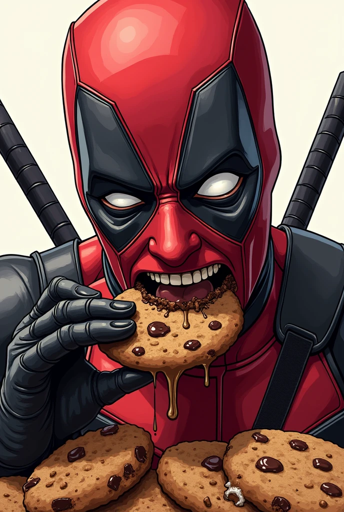 Deadpool eating cookies dripping down his mouth