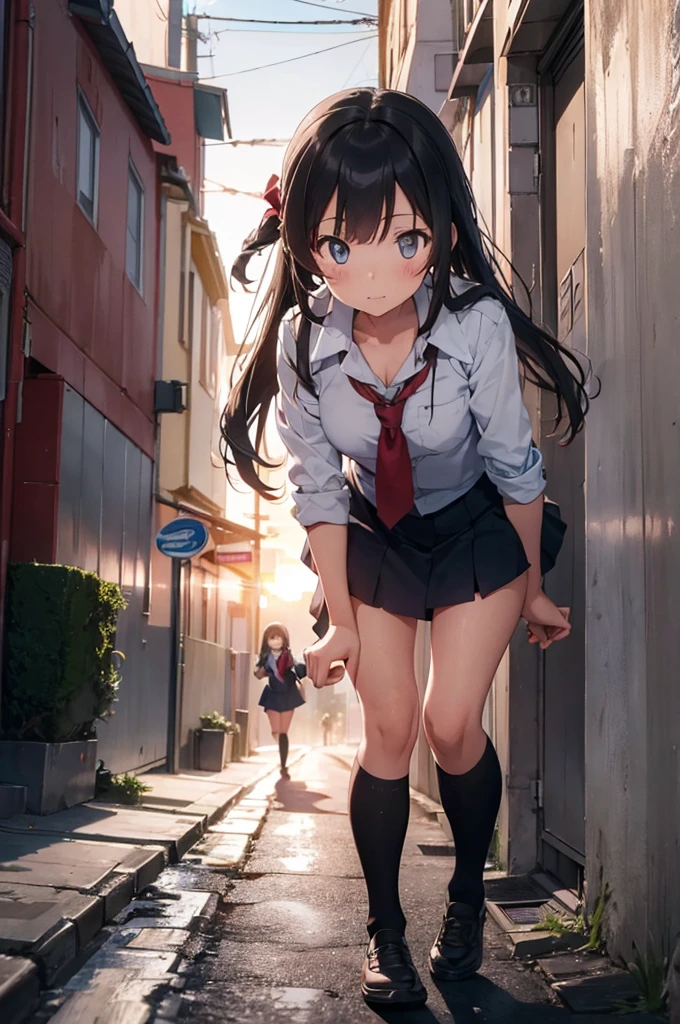 Blue mini denim skirt blown up by the wind, revealing white underwear(Panties)in full view Carrying a red backpack Pink long sleeve outfit Black socks Black socks up to the knee White shoes The girl has an embarrassed look on her face cheeks pink Crying a little Mouth closed Arms behind back