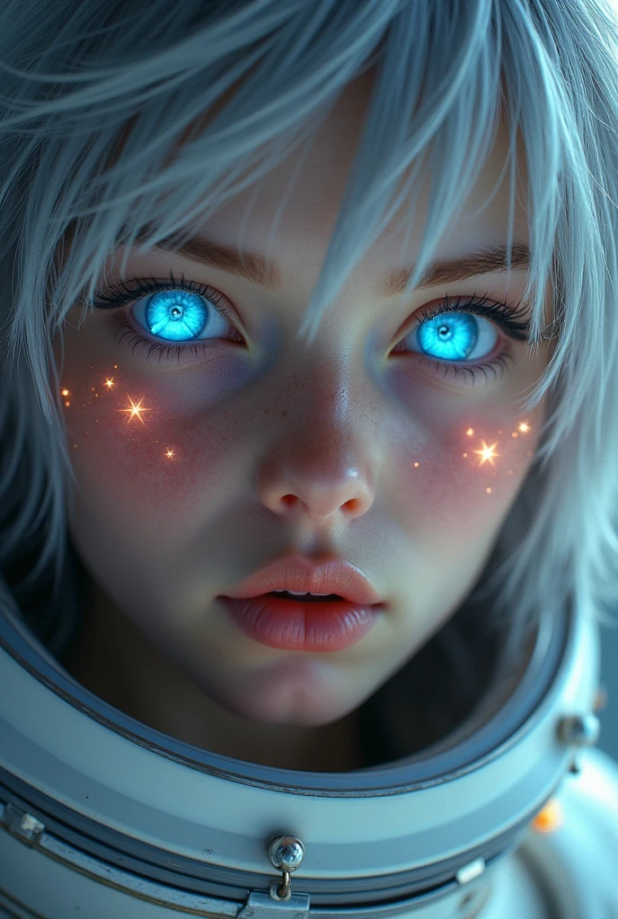(Close-up of a better masterpiece:1.5)0.9], (Space and astronauts:1.2) (Messy silver hair:1.1) (Heterochromia xanthochromia and blue eyes:1.2) (Space Helmet:1.0) (Colored stars in the eyes:1.0) (A radiant glow:1.1) (thick lips:0.9)