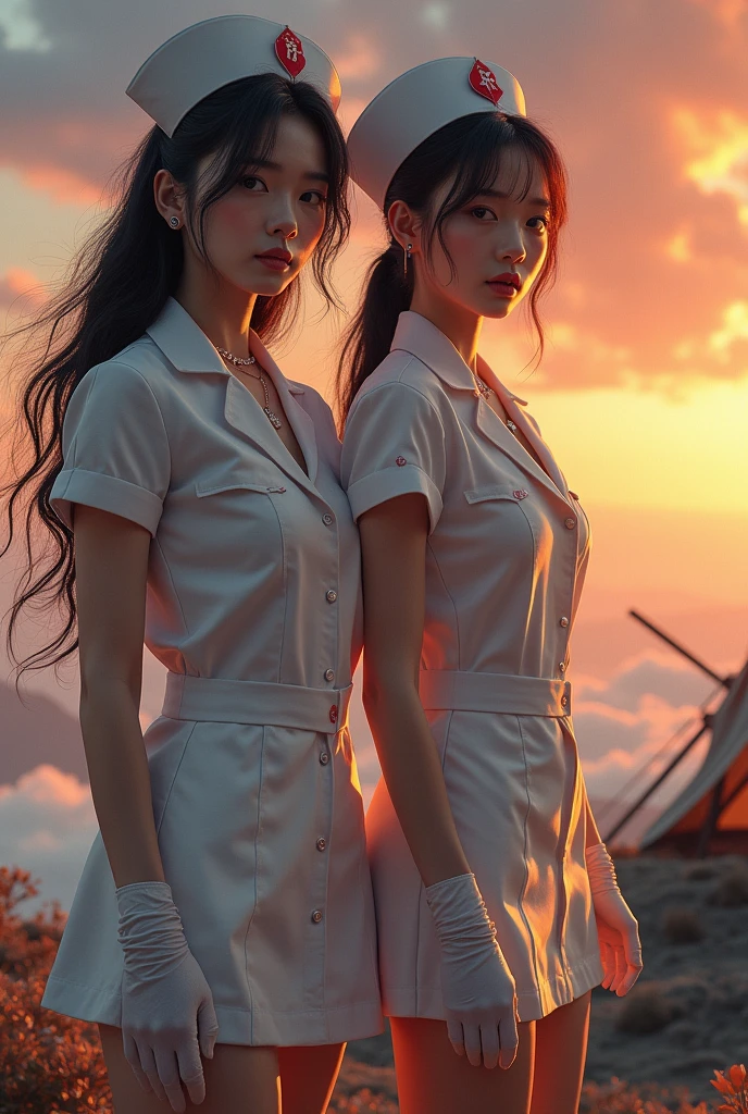 ((original photography:1.2, best quality)), photographic art,Extremely detailed, Ultra-precise depiction, Ultra-fine drawing, (tangled:1.2), (007 movie atmosphere), at sunset,spectacular cloud formations,2 Korean women,Korean Model, Very detailed face, (best quality, Beruca, Gloves), ((complicated nurse uniform:1.3)), Very detailed nurse uniform,lace choker, Gloves, long legs, High heel, damaged nurse uniform,Torn nurse uniform,cleavage,Long legs,The background is the top of the mountain,There is a tent in the background,two women standing together