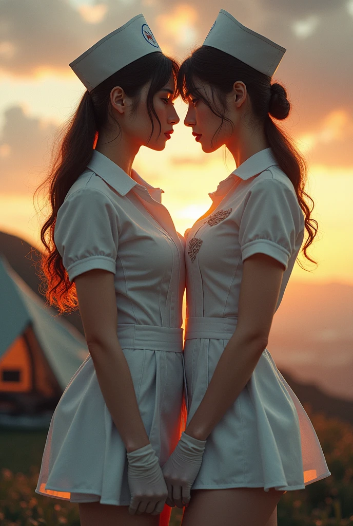 ((original photography:1.2, best quality)), photographic art,Extremely detailed, Ultra-precise depiction, Ultra-fine drawing, (tangled:1.2), (007 movie atmosphere), at sunset,spectacular cloud formations,2 Korean women,Korean Model, Very detailed face, (best quality, Beruca, Gloves), ((complicated nurse uniform:1.3)), Very detailed nurse uniform,lace choker, Gloves, long legs, High heel, damaged nurse uniform,Torn nurse uniform,cleavage,Long legs,The background is the top of the mountain,There is a tent in the background,two women standing together