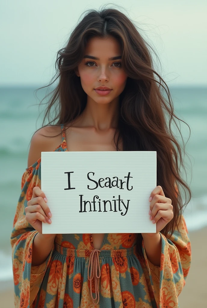 Beautiful girl with wavy long hair, bohemian dress, holding a white board with text "I Love Seaart Infinity" and showing it to the viewer