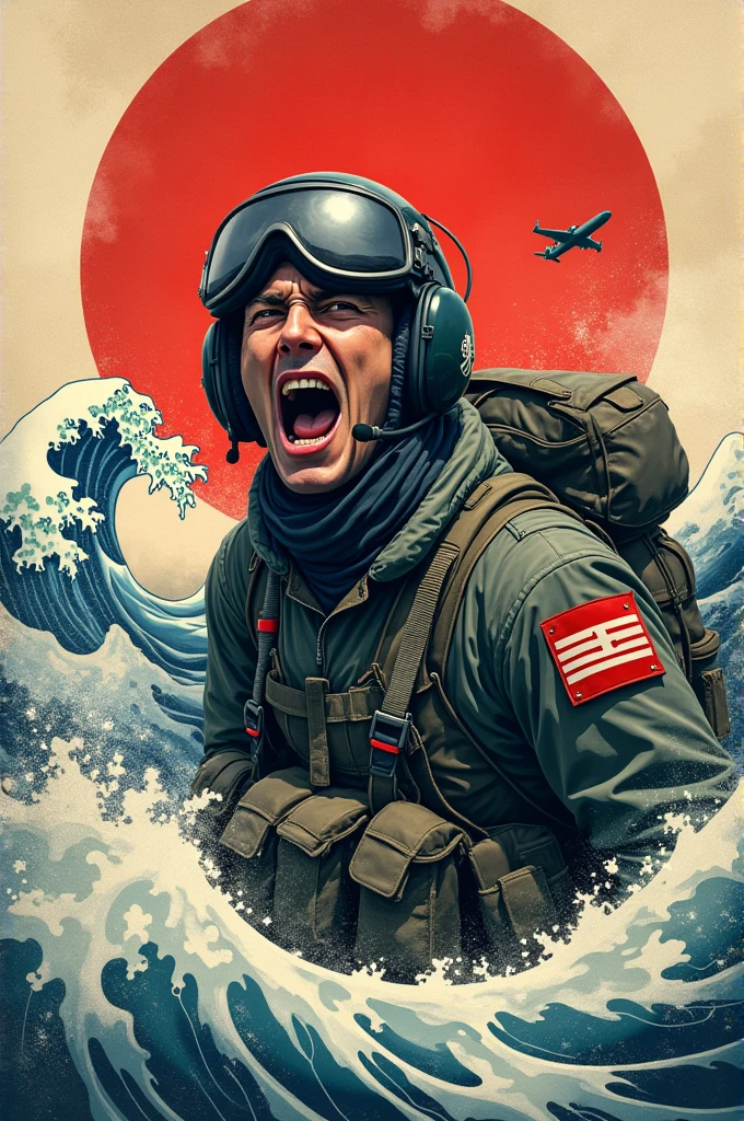 Generates a frame of a screaming kamikaze pilot of WWII.  It uses Japanese art as a base.  Generate a background behind the pilot that simulates waves