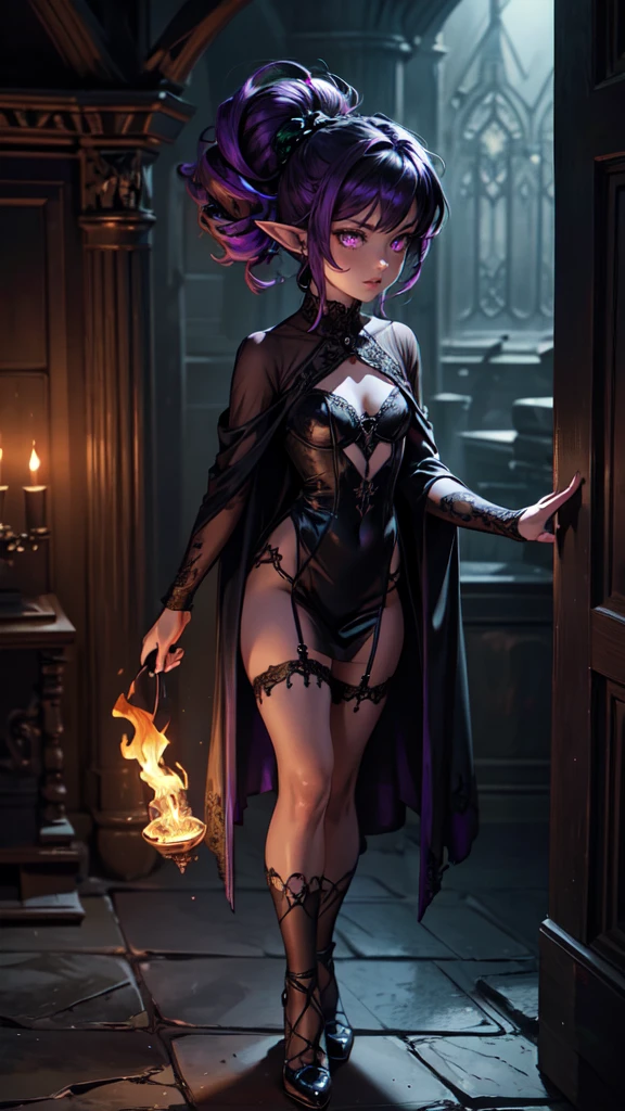 (best quality)), ((masterpiece)), (detailed), dark gothic horror style, halloween style, very small goblin girl, green skin, pointy ears, short purple hair with black streaks pixie hairstyle, wearing very ornate purple gothic lingerie with sheer black see through robe, aloof expression, looking down on viewer, bright red eyes, full body, low camera, in dark stone castle corridor with torches lining the walls, walking, profile, superior attitude, sassy, smug, focus on face, looking at viewer, holding skull with purple flames inside,detalid dace,detailed hands,elf woman,full body,