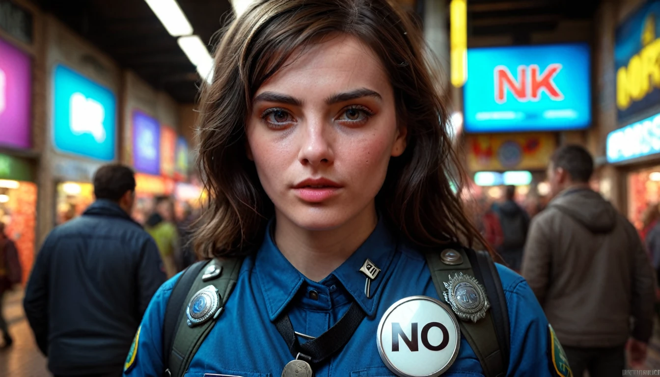 a person wearing a "no" badge,calm person in a chaotic marketplace,detailed facial features,detailed clothing,realistic,photorealistic,masterpiece,extremely detailed,(best quality,8k,high resolution,ultra-detailed:1.2),dramatic lighting,vibrant colors,cinematic composition,intricate background details,dynamic perspective