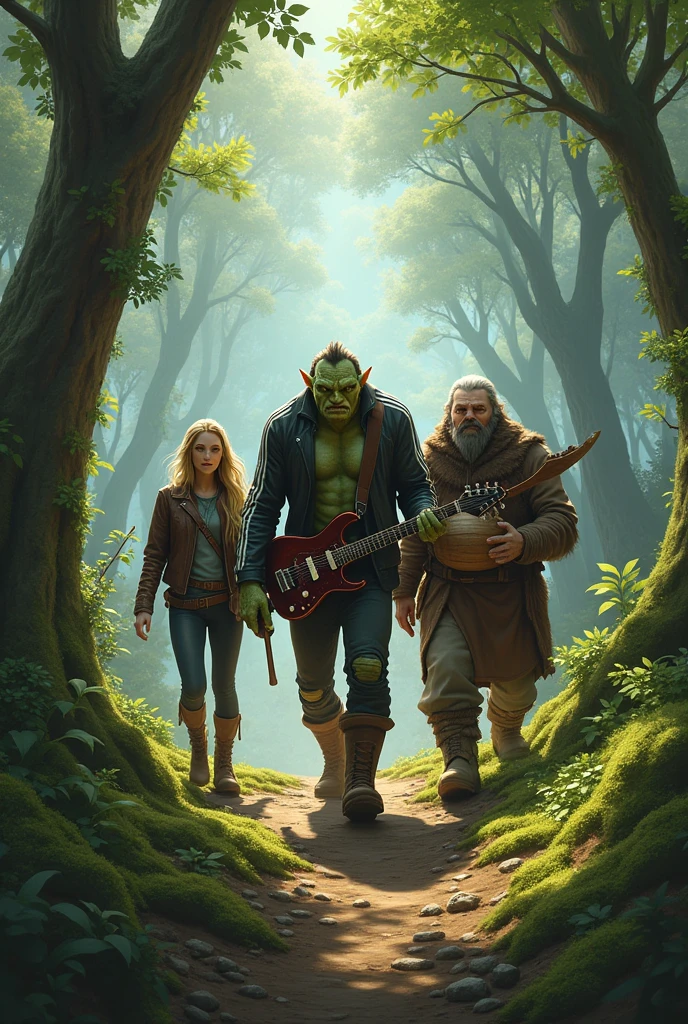 Elf guy with long hair, spectacled, Leather jacket, in boots and with an electric guitar in his hands, together with a huge, Great, green, stupid, a troll in an adidas tracksuit and a club in his hand, together with a fat and strong dwarf in a cloak and with a keg of beer they go through the forest to meet adventures