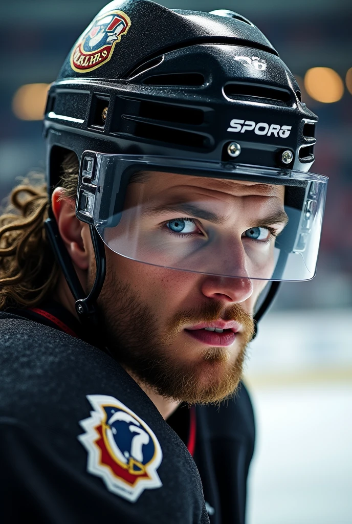 Male, hockey player, face to viewers 